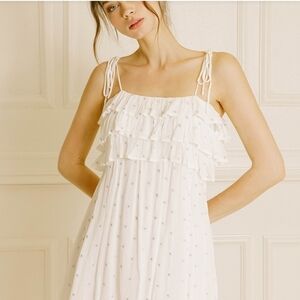 Storia White and Silver Ruffled Tiered Stars Patterned Mini Dress Size S